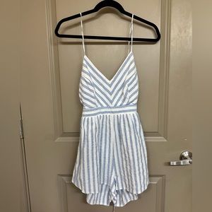 Blue & white striped open-back linen romper
